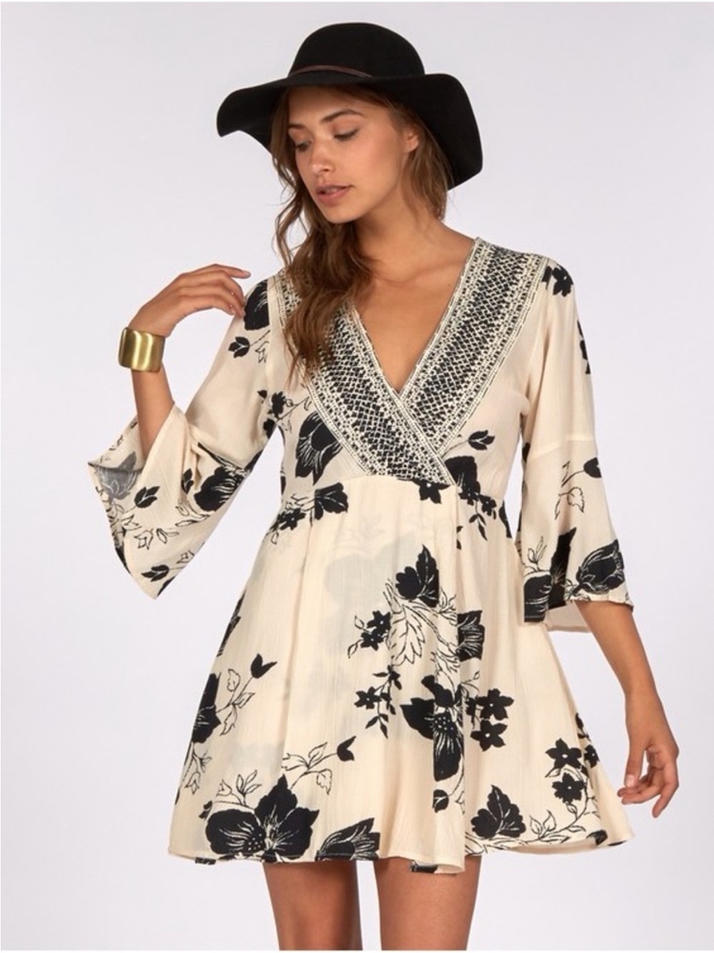 Billabong Divine cream and black floral print wrap dress